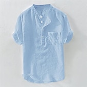 cheap Business Casual-Men&#039;s Shirt Chinese Collar Shirt Mandarin Collar Shirt Popover Shirt Casual Shirt Plain Vacation Street White Yellow Sky Blue Green Short Sleeve Band Collar Summer Clothing Apparel Button-Down