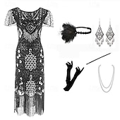 baratos Conjuntos-Retro Vintage Loucos anos 20 Anos 20 Vestido melindroso Roupa Vestido Coquetel O Grande Gatsby Convidado do casamento Paetês Franjas Mulheres Natal Carnaval Baile de Máscaras Festa / Noite Mascarilha