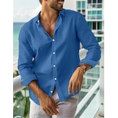 preiswerte Urlaub-Herren leinenhemd Sommerhemd Strandbekleidung Lässiges Hemd Knopfhemd Glatt Urlaub Curise Schwarz Weiß Rosa Marineblau Langarm Kargen Frühling Sommer Bekleidung