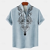 economico Classico-Per uomo camicia di lino Camicia Henley camicie retrò Camicia d&#039;epoca Camicia etnica Etnico Giornaliero Per eventi Blu Beige Grigio Manica corta Alla coreana Estate Primavera Abbigliamento Stampa