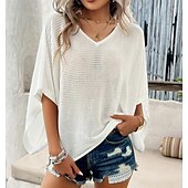 preiswerte Einfarbige Farben-Damen Pullover Elegant Feste Farbe Gehäkelt V Ausschnitt Strick Halbe Ärmel Normale Oberteile Stricken Täglich Weinrot Weiß Sommer