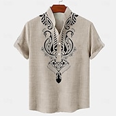 economico Classico-Per uomo camicia di lino Camicia Henley camicie retrò Camicia d&#039;epoca Camicia etnica Etnico Giornaliero Per eventi Blu Beige Grigio Manica corta Alla coreana Estate Primavera Abbigliamento Stampa