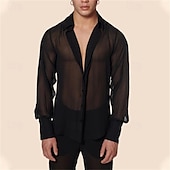 cheap Men&#039;s Button Up Shirts-Men&#039;s Shirt Summer Shirt Mesh Shirt Sheer Shirt Sheer Blouse Black Long Sleeve Plain Lapel Hawaiian Holiday Mesh Clothing Apparel Fashion Casual Comfortable