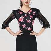 お買い得  ラテンダンスウェア-ラテンダンス 上着 捺染 スプライシング チュール 女性用 性能 訓練 ハーフスリーブ ハイウエスト ポリエステル