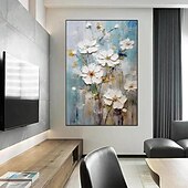preiswerte Blumen-/Botanische Gemälde-handgemachtes Ölgemälde auf Leinwand, Wandkunst, Dekoration, dickes Öl, weiße abstrakte Blumen für die Inneneinrichtung, gerolltes, rahmenloses, ungedehntes Gemälde