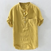 cheap Business Casual-Men&#039;s Shirt Chinese Collar Shirt Mandarin Collar Shirt Popover Shirt Casual Shirt Plain Vacation Street White Yellow Sky Blue Green Short Sleeve Band Collar Summer Clothing Apparel Button-Down