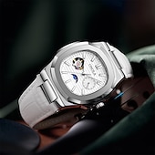 baratos Relógio Automático-Onola relógio mecânico masculino, relógio de pulso de negócios da moda, automático, corda automática, fase da lua, luminoso, à prova d&#039;água, couro