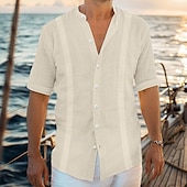 economico Vacanza-Per uomo Camicia camicia di lino Camicia Guayabera Camicia con colletto a fascia Camicia estiva Abbigliamento mare Liscio Da mare Curise Nero Bianco Blu Verde Manica corta Colletto Estate