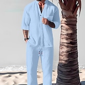abordables Conjuntos de camisas básicas para hombre-Hombre 2 Piezas Conjunto de camisa conjunto de verano Conjuntos a juego Camisa casual Negro Blanco Gris Azul claro Manga Corta Plano Cuello Mao Vacaciones Diario Bolsillo delantero Ropa Algodón