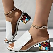 economico Infradito da Vacanza-sandali bianchi da donna con punta aperta e stampa coccodrillo – eleganti tacchi a blocco slip-on con decorazioni in strass colorati per feste ed estate