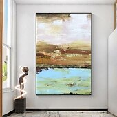 baratos Pinturas Abstratas-grande artesanal bege turquesa paisagem pintura em folha de ouro pinturas a óleo tríptico abstratas feitas à mão sobre tela arte de parede de grandes dimensões ste de 3 pintura a óleo para sala de