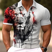 cheap Men&#039;s Animal Print Polo-Men&#039;s Lion Polo Shirts Golf Shirt Short Sleeve Polo Shirts Collared Shirts Funny Streetwear Vacation Wear Party Outfits Buttons 3D Print Spring &amp; Summer White
