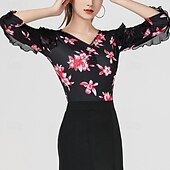 お買い得  ラテンダンスウェア-ラテンダンス 上着 捺染 スプライシング チュール 女性用 性能 訓練 ハーフスリーブ ハイウエスト ポリエステル