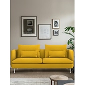 baratos Cobertura de Sofa-Capa de Sofá 3 Lugares Cor Sólida com Almofadas Revestidas em Algodão 100% com Braços