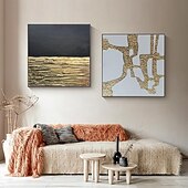 お買い得  油絵-手描きのオリジナルテクスチャーウォールアート、特大の金と黒の抽象アート、豊かな質感のキャンバスアート、抽象モダンアート、金箔の絵画、ホームデコレーション、すぐに掛けられるストレッチフレーム、またはフレームなし