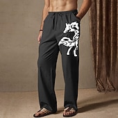 Men's Summer Pants Elastic Waist Animal Wolf Comfort Full Length Outdoor Streetwear Vacation Hawaiian Black White Micro-elastic 9