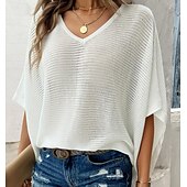 preiswerte Einfarbige Farben-Damen Pullover Elegant Feste Farbe Gehäkelt V Ausschnitt Strick Halbe Ärmel Normale Oberteile Stricken Täglich Weinrot Weiß Sommer