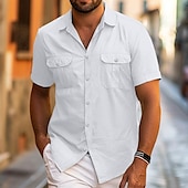 cheap Men&#039;s Button Up Shirts-Men&#039;s Shirt Summer Shirt Beach Wear Button Up Shirt Casual Shirt Black White Yellow Blue Dark Green Short Sleeve Solid Color Lapel Daily Vacation Pocket Clothing Apparel Fashion Casual Comfortable