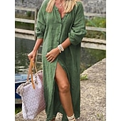 preiswerte Kleider aus Baumwolle und Leinen entwerfen-Damen Schwarz Marineblau Braun Sommer Frühling Maxikleid Baumwoll-Leinen-Kleider Freizeitkleid Basic Modern Täglich Wochenende Lässiger Schnitt Einfach V Ausschnitt