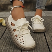 economico Ballerine da donna-scarpe basse da donna in similpelle con lacci e ritagli bianchi – scarpe casual traspiranti da passeggio per l&#039;estate, i viaggi e l&#039;uso quotidiano