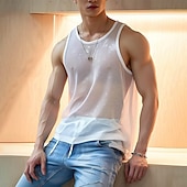 billiga Gym-toppar-Herr Linne Väst Ärmlös Rund halsringning Sommar Slät Mode Modern Stil Nät Transparent Gata Helgdag Svart Vit Orange Topp t-shirt för män