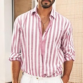 preiswerte Business Casual-Herren Hemd Weißes Baumwollhemd Freizeithemd Baumwoll-Leinen-Hemd Gestreifte Hemden Gestreift Urlaub Hawaiianisch Schwarz Rosa Rote Marineblau Langarm Umlegekragen Frühling &amp; Herbst Bekleidung