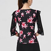お買い得  ラテンダンスウェア-ラテンダンス 上着 捺染 スプライシング チュール 女性用 性能 訓練 ハーフスリーブ ハイウエスト ポリエステル