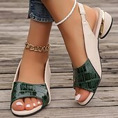 cheap Casual Sandals-Women&#039;s Green and Beige Open-Toe Slingback Sandals – Crocodile Pattern Design with Gold Heel Accents for Casual and Elegant Summer Outfits