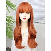 baratos Perucas Sintéticas sem Touca-Perucas sintéticas Onda Profunda Franja Lisa Peruca 22 polegadas Ruivo Cabelo Sintético Mulheres Laranja