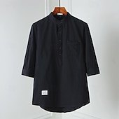 economico Casual da lavoro-Per uomo Camicia camicia di lino Camicia con colletto cinese Camicia con colletto alla coreana Camicia popover Maglietta informale Liscio Da mare Hawaiano Nero Bianco Beige Azzurro Manica a 3/4 A