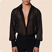 cheap Men&#039;s Button Up Shirts-Men&#039;s Shirt Summer Shirt Mesh Shirt Sheer Shirt Sheer Blouse Black Long Sleeve Plain Lapel Hawaiian Holiday Mesh Clothing Apparel Fashion Casual Comfortable