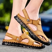 cheap Vacation Sandals-Men&#039;s Sandals Handmade Shoes Walking Casual Preppy Beach Outdoor Daily PU Breathable Comfortable Slip Resistant Slip-on Light Brown Dark Brown Black Summer Fall