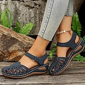 abordables Sandales Décontractées-Sandales compensées rétro pour femmes, couleur unie, bout fermé, chaussures découpées, sandales décontractées à bride arrière, noir, bleu, orange