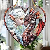 billige veggskulpturer-dragejente hjerteformet akrylskilt - solfanger  &amp; skygge farget glass vindu hengende perfekt gave til mor  &amp; venner fargerik veggkunst for hageveranda hjemmeinnredning (8x8cm)