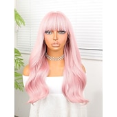 cheap Synthetic Trendy Wigs-Synthetic Wig Deep Wave Neat Bang Wig 22 inch Pink+Red Synthetic Hair 22 inch Women Pink