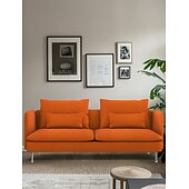 baratos Cobertura de Sofa-Capa de Sofá 3 Lugares Cor Sólida com Almofadas Revestidas em Algodão 100% com Braços