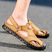 cheap Vacation Sandals-Men&#039;s Sandals Handmade Shoes Walking Casual Preppy Beach Outdoor Daily PU Breathable Comfortable Slip Resistant Slip-on Light Brown Dark Brown Black Summer Fall