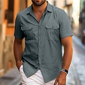 cheap Men&#039;s Button Up Shirts-Men&#039;s Shirt Summer Shirt Beach Wear Button Up Shirt Casual Shirt Black White Yellow Blue Dark Green Short Sleeve Solid Color Lapel Daily Vacation Pocket Clothing Apparel Fashion Casual Comfortable