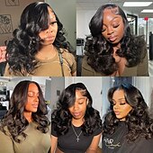 baratos Perucas de seda frontais de cabelo natural-Cabelo humano remy 13x4 Lace Front Peruca Parte livre Cabelo Malaio Onda de Corpo Preta Peruca 150% Densidade do Cabelo com o cabelo do bebê Sem cola Pré-depenado Para perucas para mulheres negras