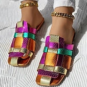 baratos Chinelos de slide-sandálias femininas coloridas de tiras metálicas – sapatilhas vibrantes com estampa de cobra para uso casual no verão e em festivais