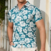 cheap Home-Men&#039;s Linen Shirt Summer Shirt Casual Shirt Beach Shirt Summer Hawaiian Shirt Flower / Plants Vacation Hawaiian Blue Short Sleeve Lapel Spring &amp; Summer Clothing Apparel Print