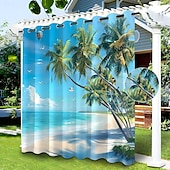 preiswerte Wasserdichte Vorhänge-Wasserdichter Outdoor Vorhang Sichtschutzvorhang für den Außenbereich, Schiebevorhänge für die Terrasse, Pergola mit Ösen, Strand-Palmen-Landschaft für Pavillon, Balkon, Veranda, Party, 1 Panel