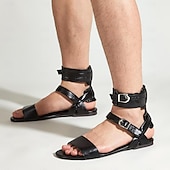 cheap Vacation Sandals-Men&#039;s Black Gladiator Sandals – Faux Leather Ankle Strap Flat Sandals with Buckle Closure for Summer Fashion, Beachwear, and Festivals