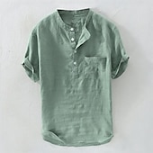 cheap Business Casual-Men&#039;s Shirt Chinese Collar Shirt Mandarin Collar Shirt Popover Shirt Casual Shirt Plain Vacation Street White Yellow Sky Blue Green Short Sleeve Band Collar Summer Clothing Apparel Button-Down