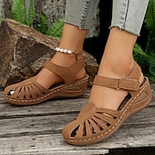 abordables Sandales Décontractées-Sandales compensées rétro pour femmes, couleur unie, bout fermé, chaussures découpées, sandales décontractées à bride arrière, noir, bleu, orange