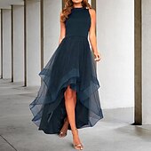 baratos Vestidos de Cocktail-Vestidos de Formatura em A Linha Vestido Elegante Formatura Assimétrico Sem Mangas Decote de Joia Convidada de Casamento de Outono com Pregas Vestidos