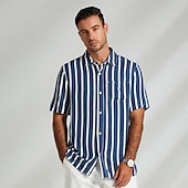 preiswerte Herren Elite Hemden-Herren Hemd Sommerhemd Freizeithemd Knopfhemd Blau Leicht Blau Kurzarm Streifen Revers Urlaub Alltagskleidung Bekleidung Kunstseide Mode Hawaiianisch Lässig Strand