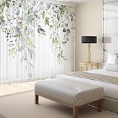 رخيصةأون ستائر شفافة-ستائر شفافة من أوراق الأوكالبتوس الخضراء، ستائر جيب قضيب لغرفة المعيشة وغرفة النوم، ستارة مزرعة شيفون للمطبخ، شرفة الباب، معالجة النوافذ، تعتيم الغرفة