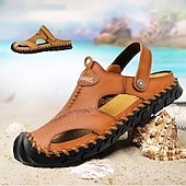 cheap Vacation Sandals-Men&#039;s Sandals Handmade Shoes Walking Casual Preppy Beach Outdoor Daily PU Breathable Comfortable Slip Resistant Slip-on Light Brown Dark Brown Black Summer Fall