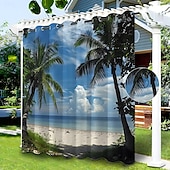 preiswerte Wasserdichte Vorhänge-Wasserdichter Outdoor Vorhang Sichtschutzvorhang für den Außenbereich, Schiebevorhänge für die Terrasse, Pergola mit Ösen, Strand-Palmen-Landschaft für Pavillon, Balkon, Veranda, Party, 1 Panel